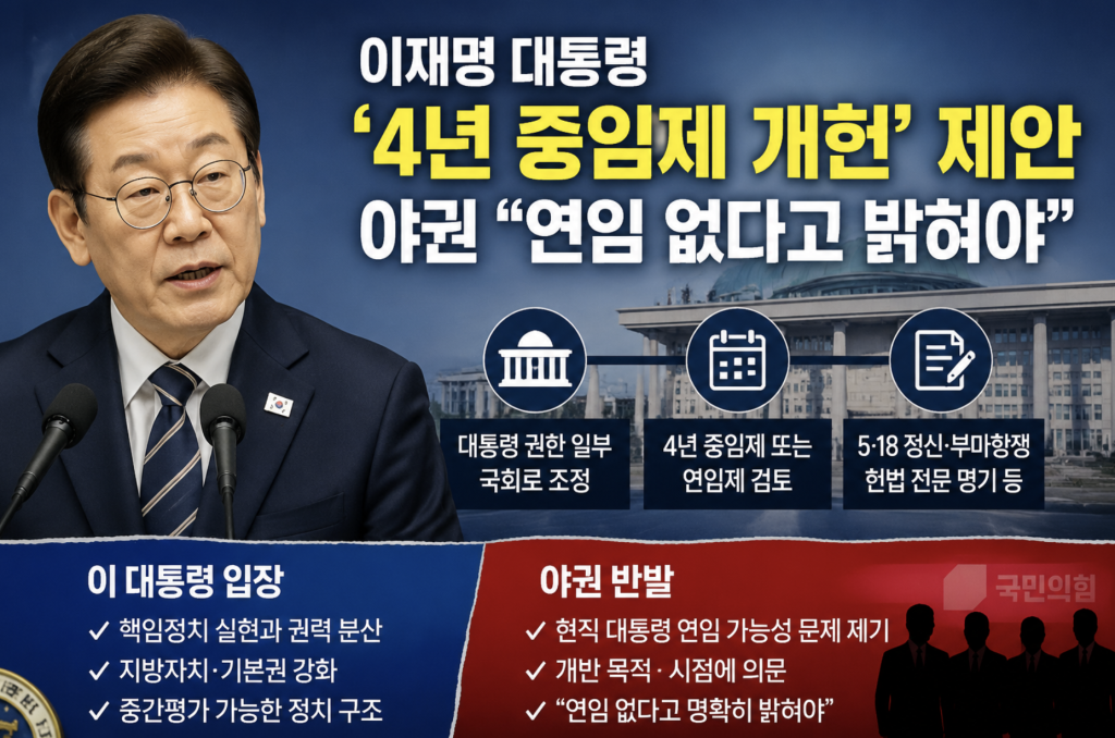 이재명 대통령이 4년 중임제 또는 연임제와 대통령·국회 권한 조정을 포함한 개헌 필요성을 언급하자 야권이 현직 대통령의 연임 가능성을 문제 삼으며 반발했다.
